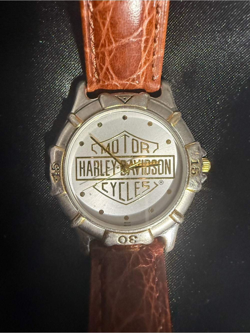 Vintage Harley Davidson Silver Watch With Gold Face & Brown Leather Band Unisex
